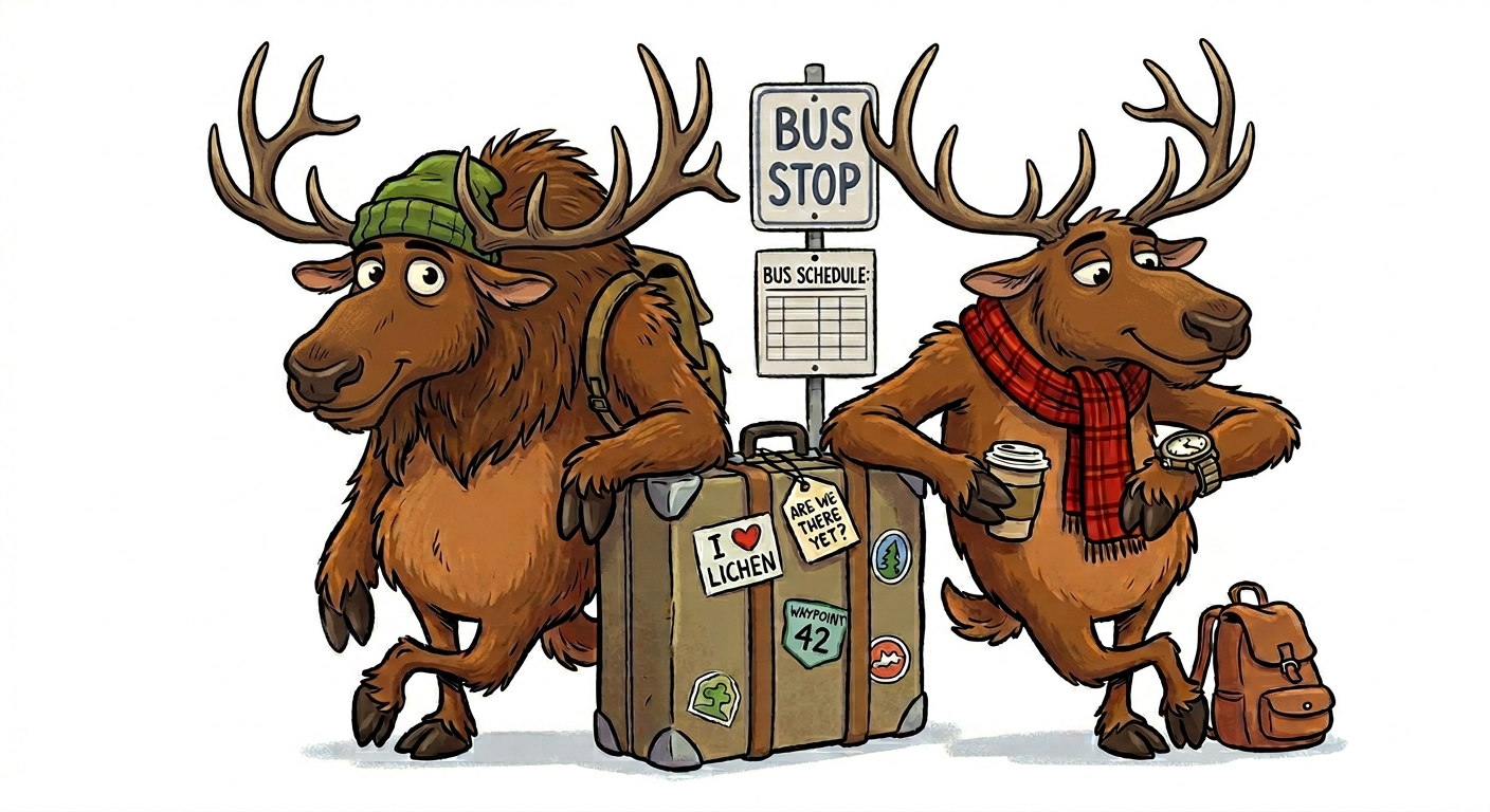 Two cartoon Elks waiting at a bus stop