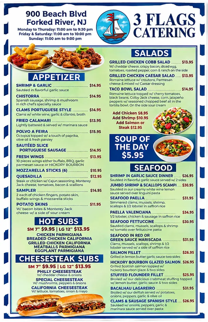 3 Flags Grill Menu - Page 1 (Appetizers, Seafood, Subs)